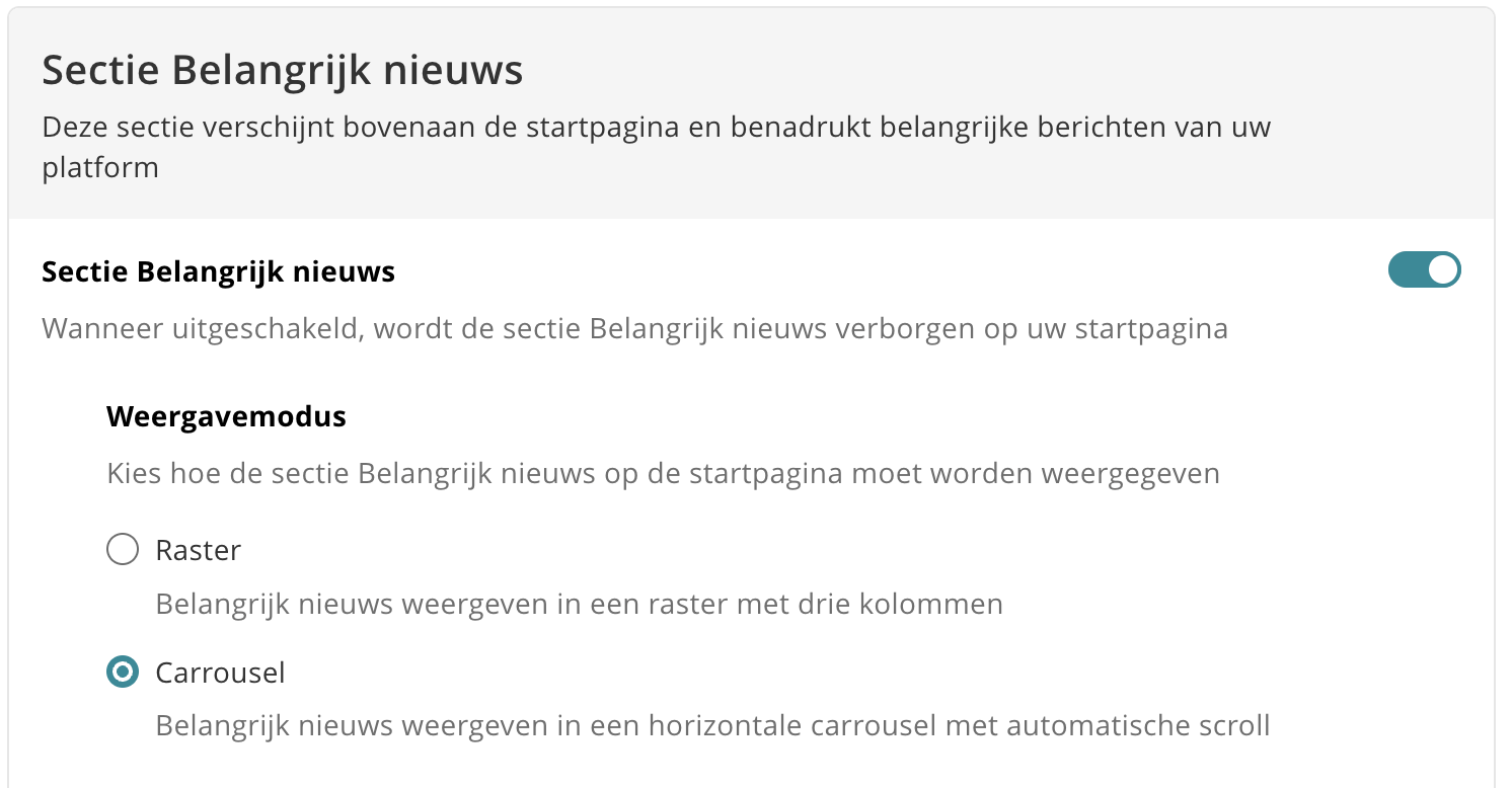 Schakelaar om het 'belangrijk nieuws'-overzicht in of uit te schakelen