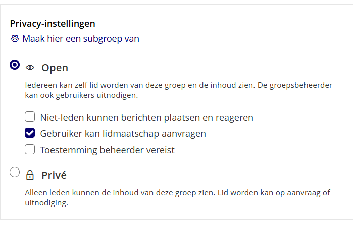 Optie Maak hier een subgroep van bij de privacy-instellingen