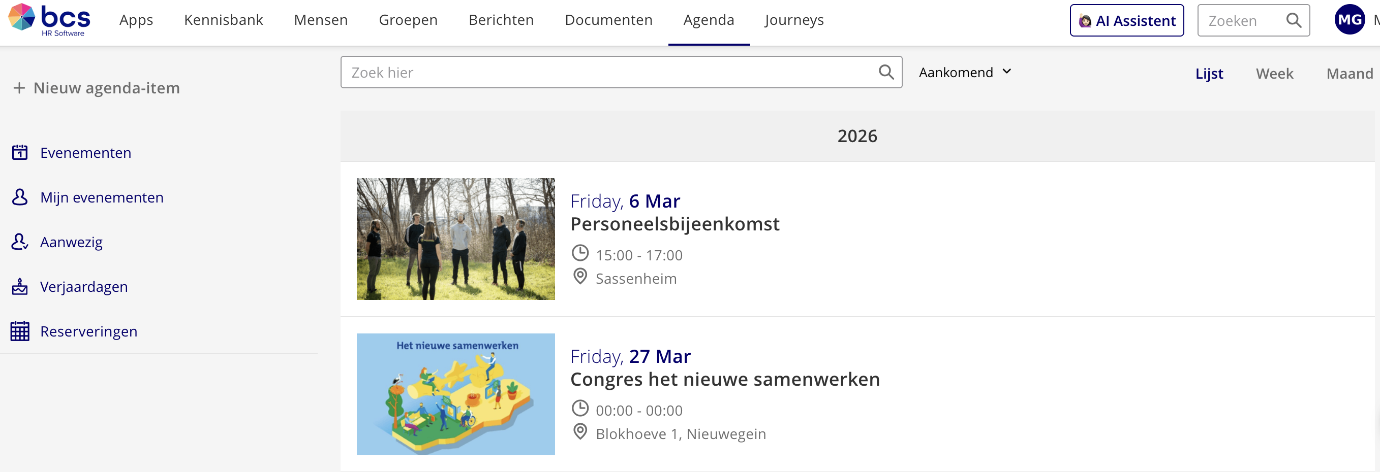 Overzicht van de Agenda in lijstweergave met filters en weergave-opties