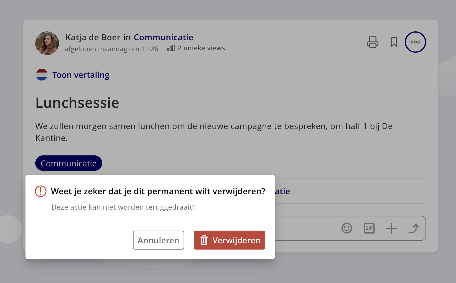 Bevestigingsdialoog na het klikken op Verwijderen