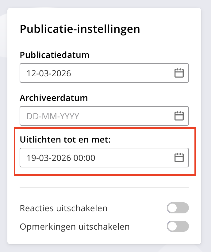 De instellingen in de zijbalk: afbeelding kiezen en einddatum instellen.
