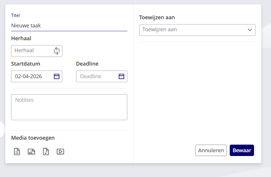 Geavanceerd taakformulier met velden voor naam, deadline, omschrijving en bijlagen