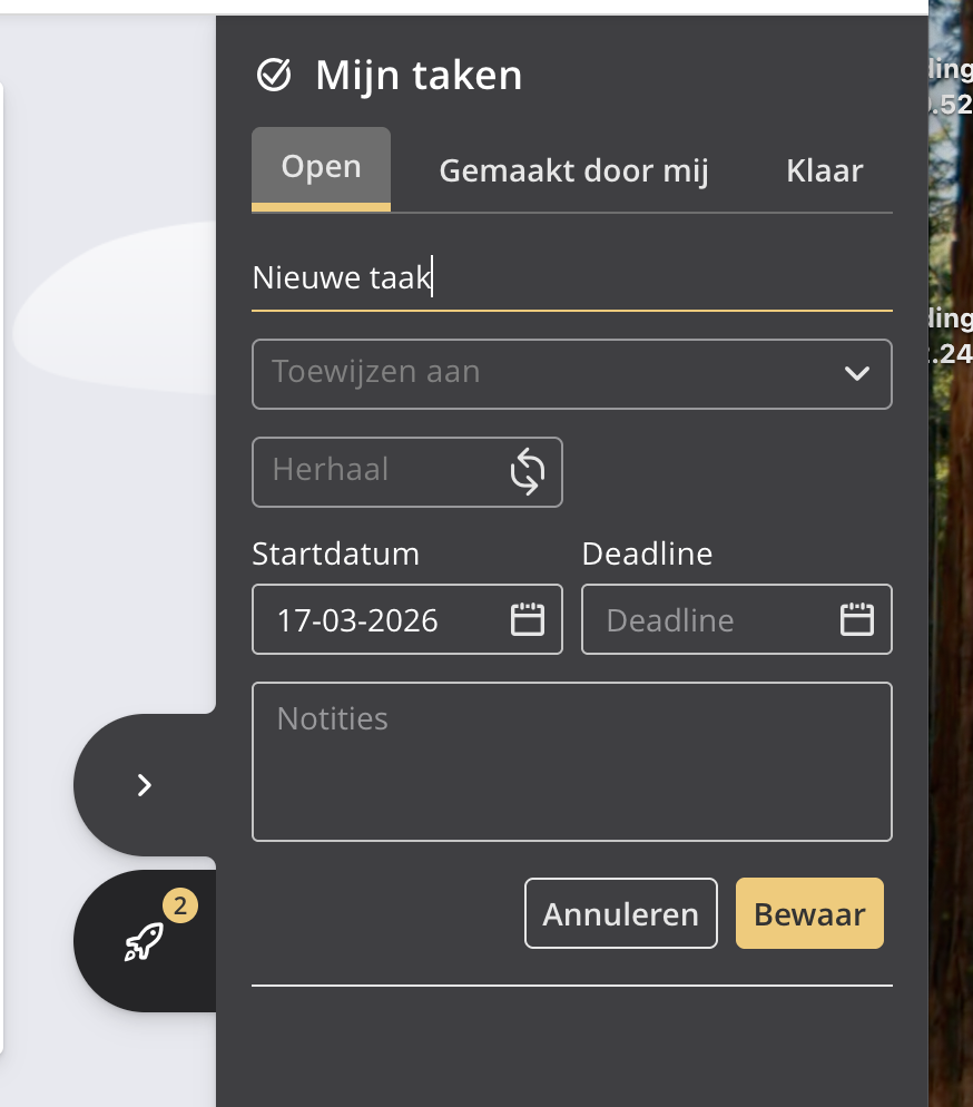 Aangemaakte taak in het takenoverzicht met bijlage