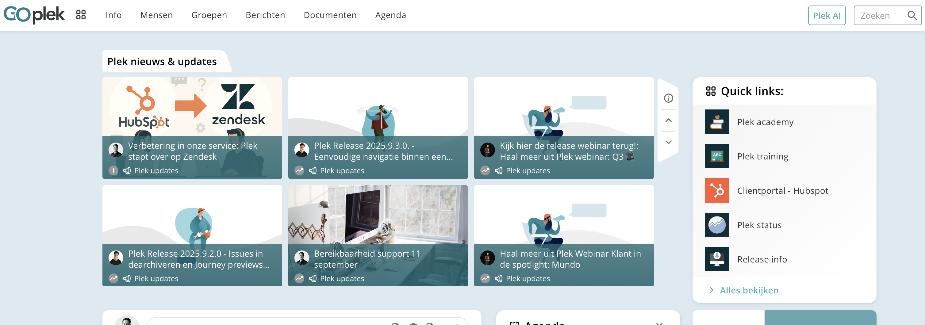 Example of the 'important news' overview at the top of the Plek homepage