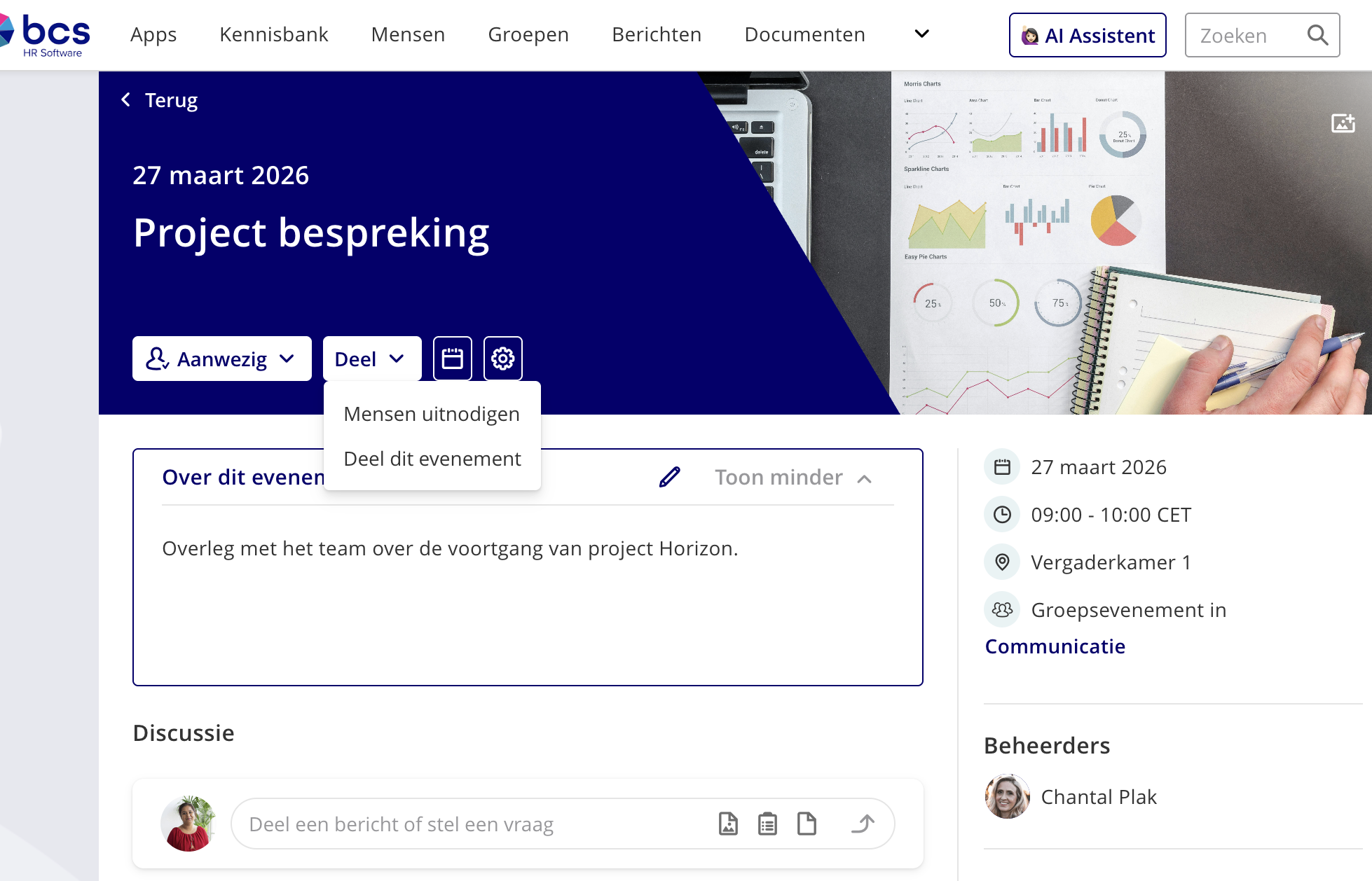 Evenementpagina met de knop Deel linksboven