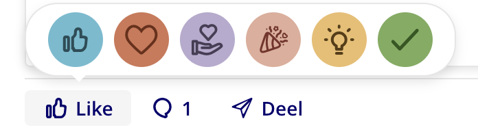 Pop-upmenu met de zes reactie-iconen onder een bericht.