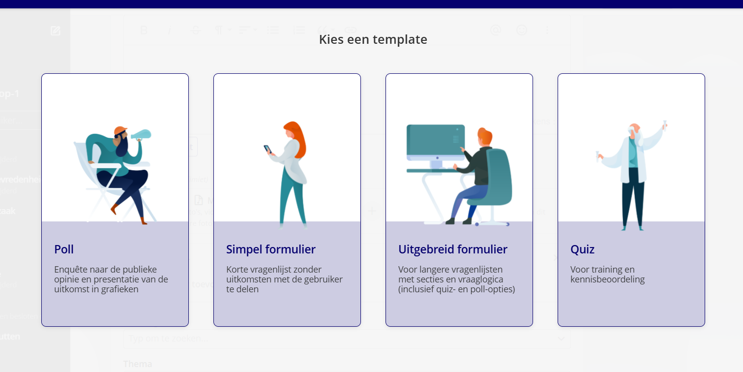 Overzicht van de vier formuliertypen in Plek: Poll, simpel formulier, uitgebreid formulier en Quiz.