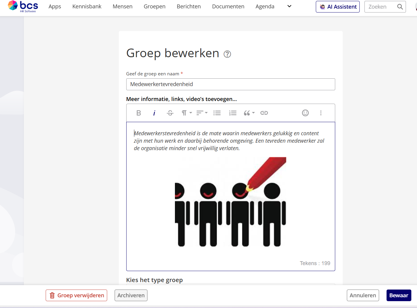 Bewerkingsscherm van een groep met linksonder de knoppen Verwijderen en Archiveren