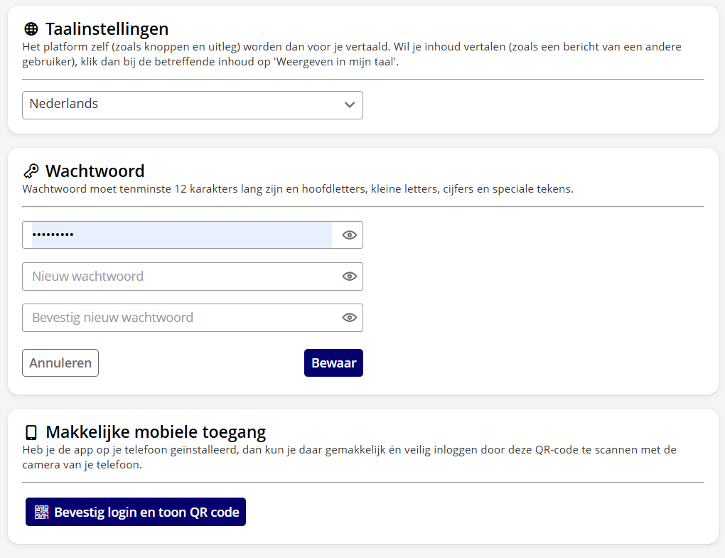 Het scherm waarin je je huidige wachtwoord en nieuwe wachtwoord invult