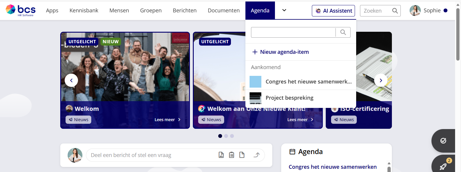Het uitklapmenu Agenda met de optie Nieuw agenda-item gemarkeerd.