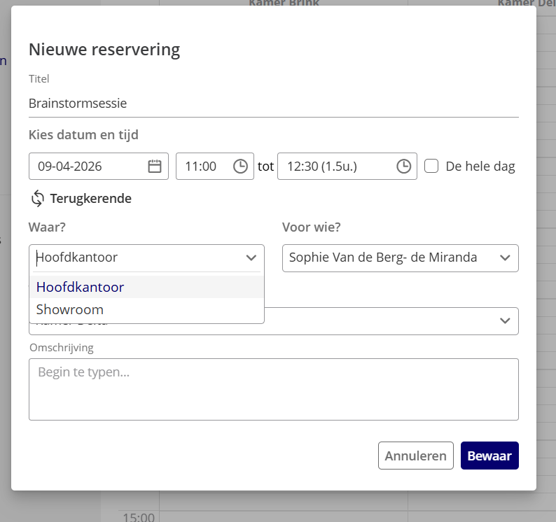 Screen for selecting the location of the reservation.