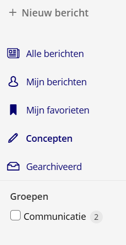 Zijbalk met het menu Berichten en daarin de optie Concepten.
