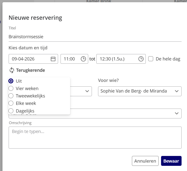 Reservation form with fields for date, start time, duration and the option for a recurring reservation.