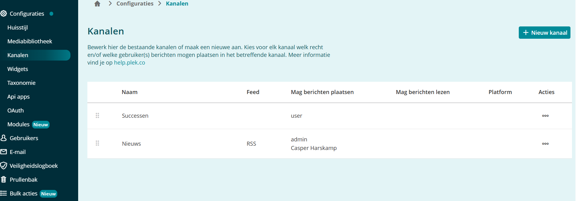 Het Admin-paneel met in de linker zijbalk Configuraties geopend en Kanalen geselecteerd.