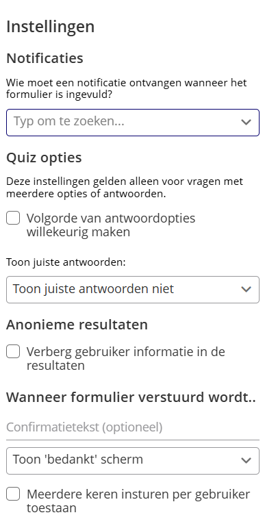 Het rechtermenu met alle algemene formulierinstellingen tijdens het bewerken van een formulier