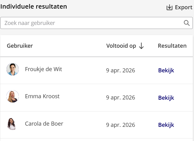 View and Export buttons in the top right of the results overview