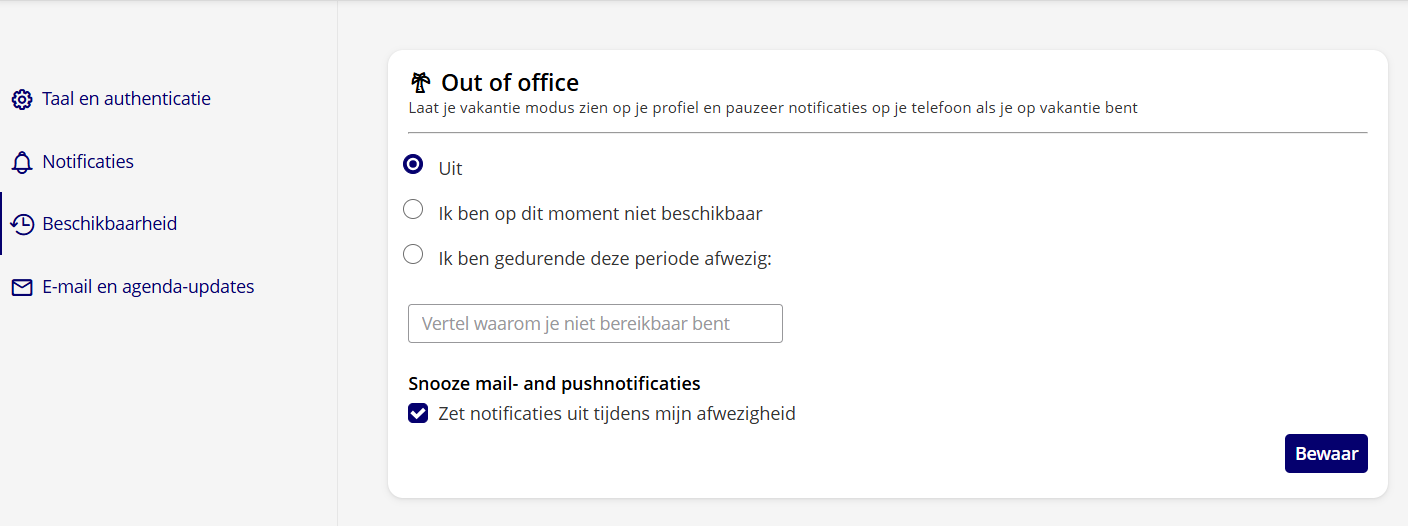Het menu Instellingen met links de optie Beschikbaarheid geselecteerd.