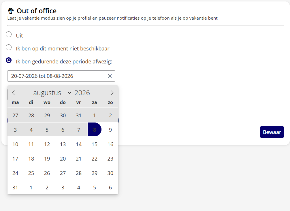 Het scherm Beschikbaarheid met de opties om afwezigheid en periode in te stellen.