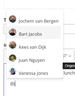 De lijst met collega's die verschijnt na het typen van @ in een bericht.