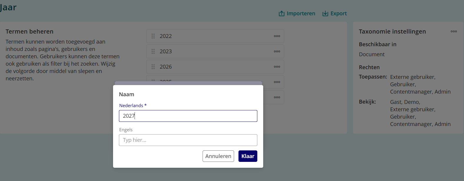 Overzicht van een taxonomie met toegevoegde termen en de knop Nieuwe term