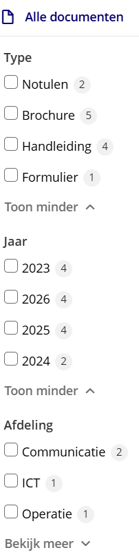 Filterkolom links op de documentenpagina met taxonomie-categorieën