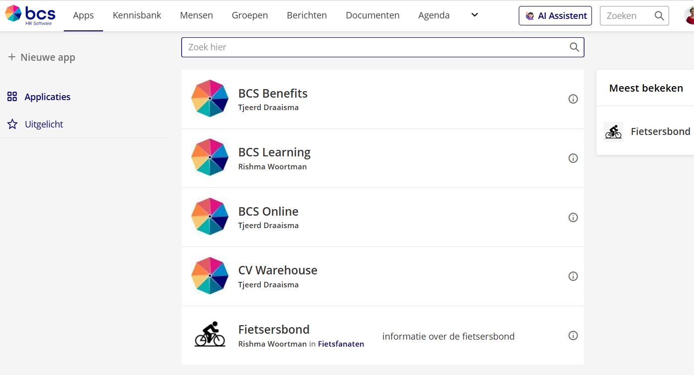 Het applicatiescherm met de menubalk, de knop Nieuwe app, het overzicht van alle applicaties en de meest bekeken applicaties.