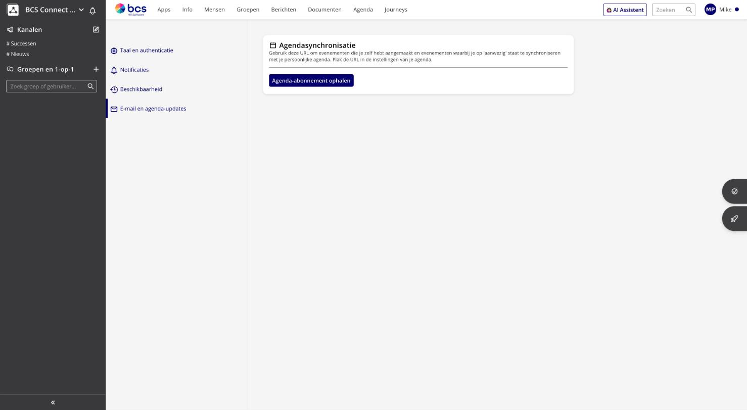 Instellingen, E-mail en agenda-updates, met de knop Agenda-abonnement ophalen bij Agendasynchronisatie